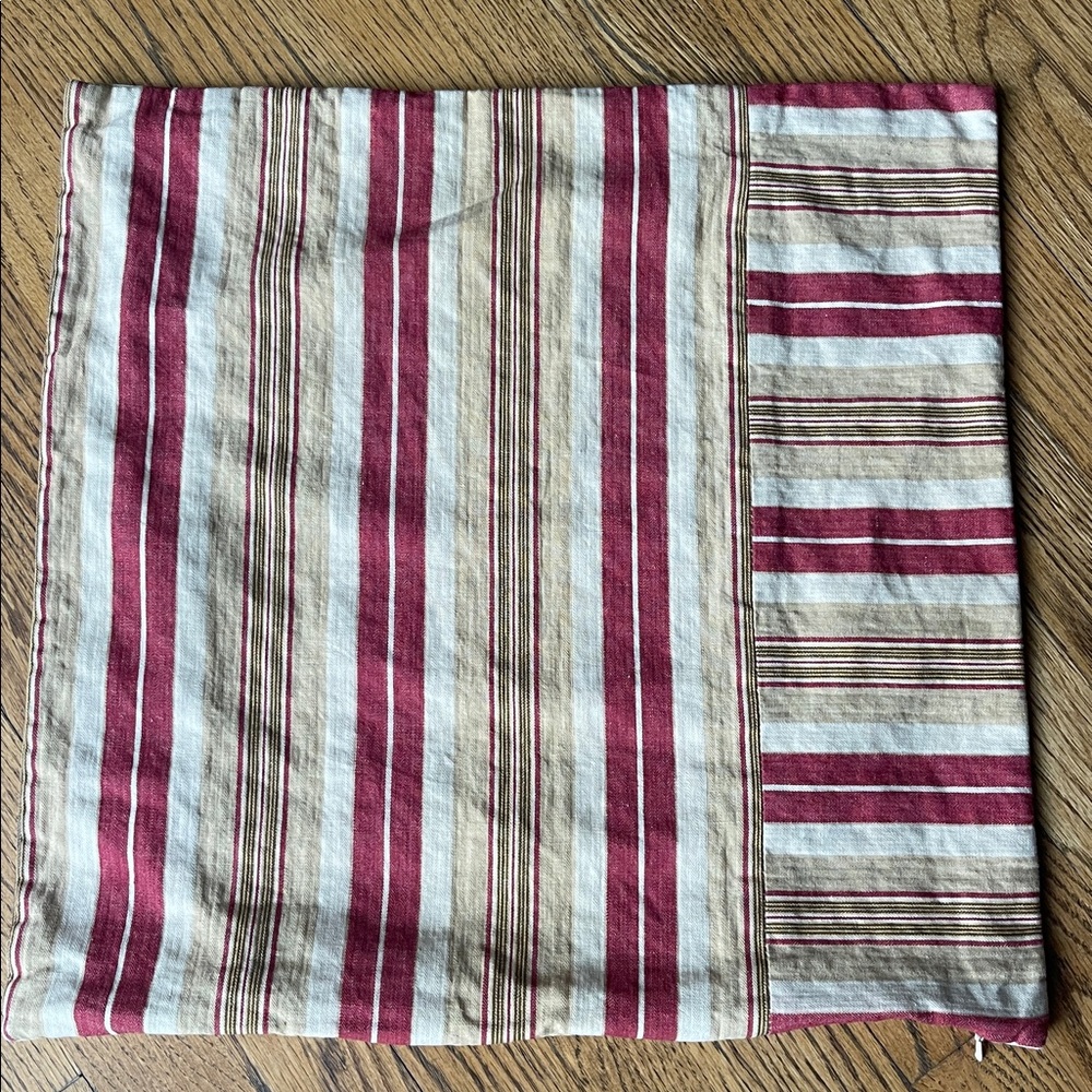 Pottery Barn Red Tan Cream Striped Linen Pillow Covers 18x18 Set of 2 - Picture 7 of 8
